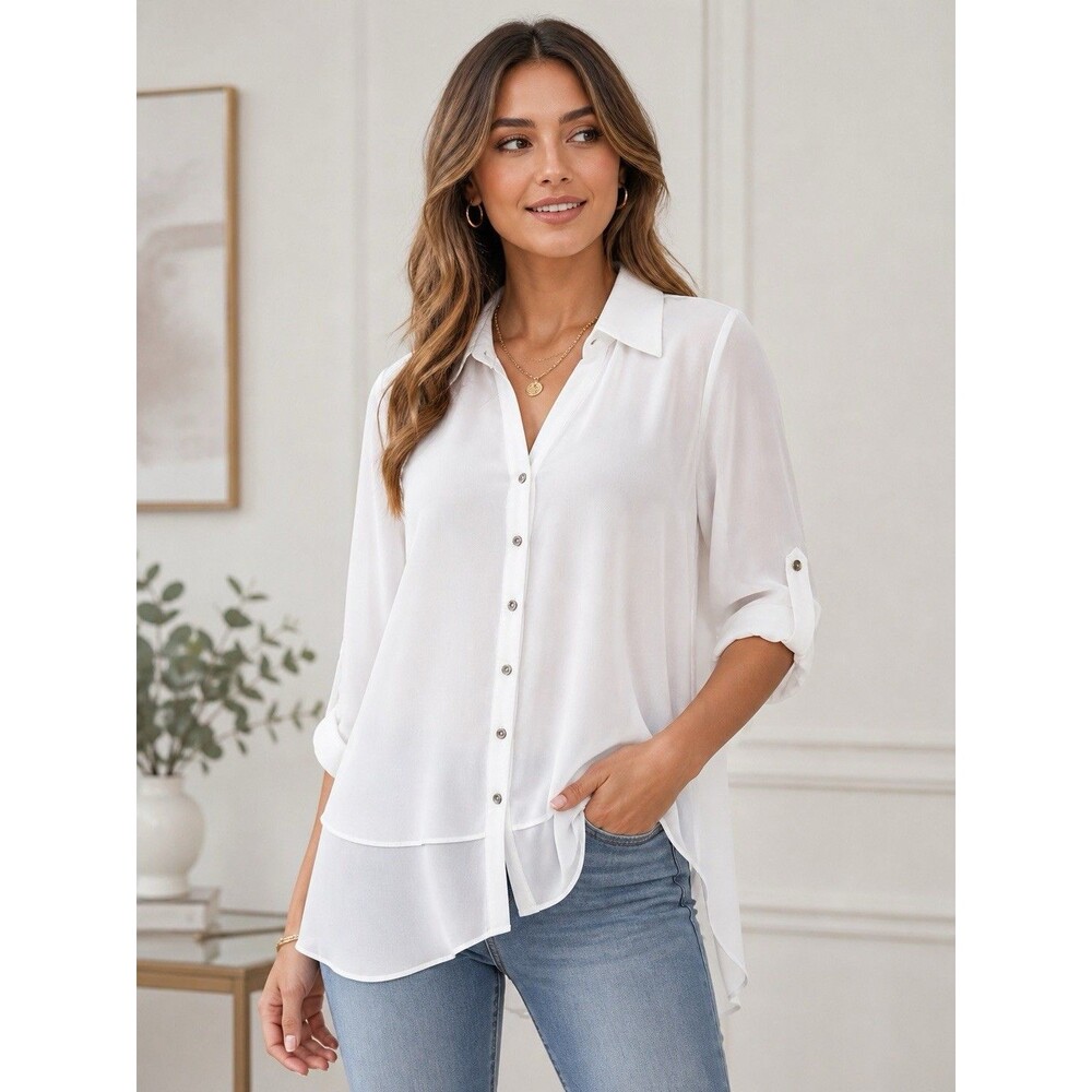 N Touch Button Up Blouse 3/4 Roll Tab Sleeve Collared Slit Back Hem Womens M NWT